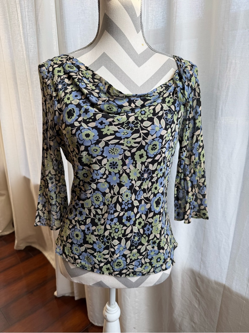 Harold's Black Floral Cowl Neck Top with Blue & Green Flowers